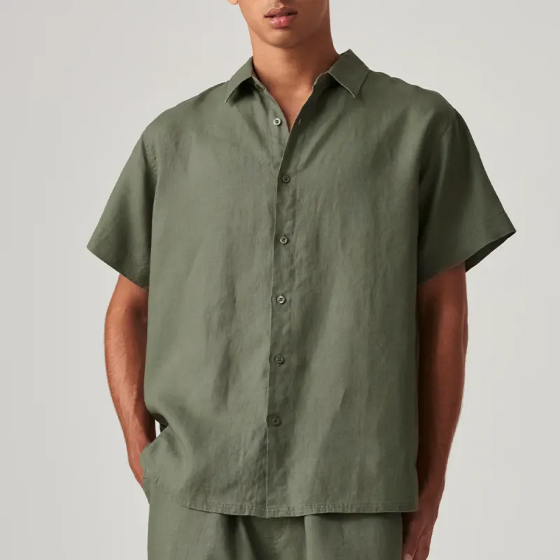 100% Linen men Short Sleeve Shirt in Khaki
