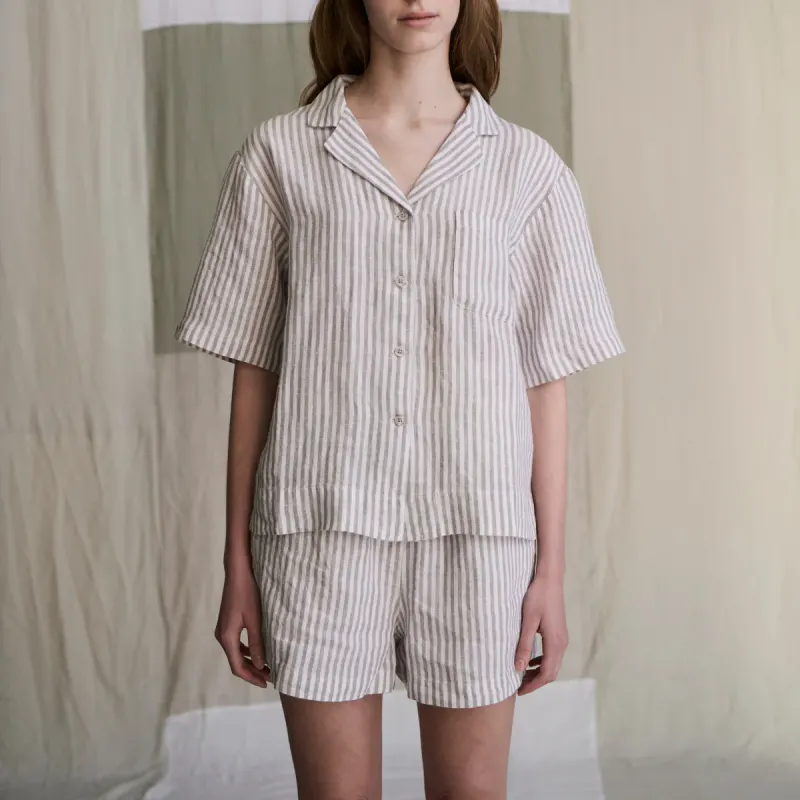 100% Linen Boxy Short Sleeve Shirt in Stripe