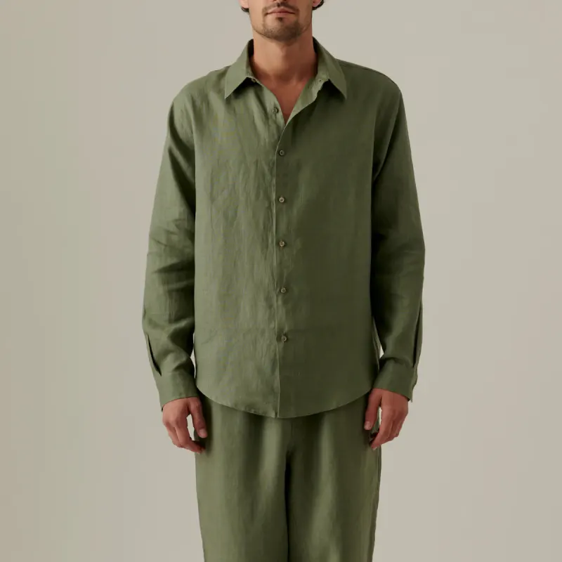 100% Linen Men Long Sleeve Shirt in Khaki