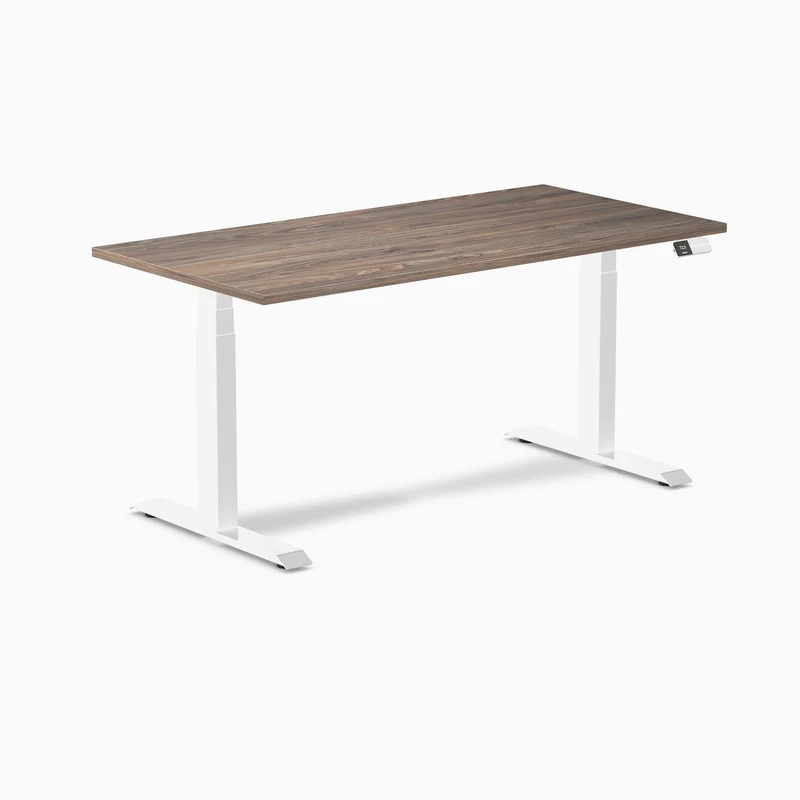Desky Dual Melamine Sit Stand Desk 150cm Natural Walnut Desktop and White Frame