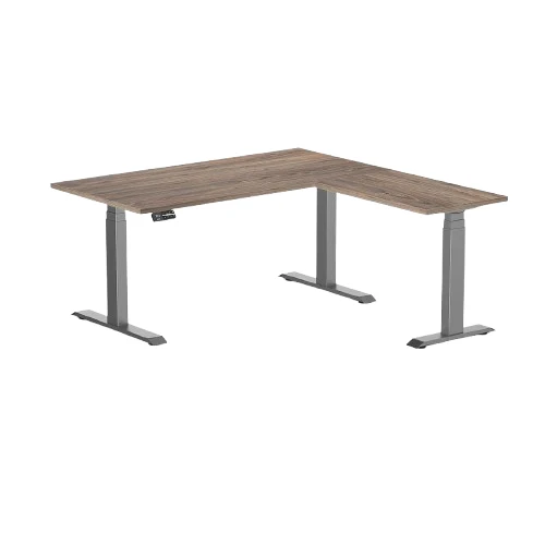 Desky Eco L-Shape Melamine Sit Stand Desk 150 x 155 cm Natural Walnut Top and Space Grey Leg
