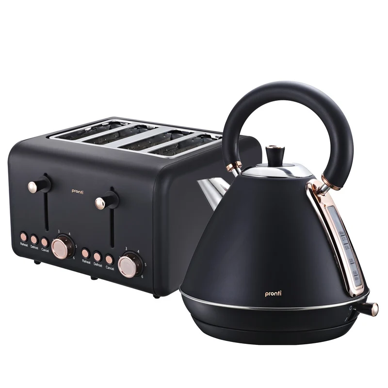 Pronti Rose Trim Collection Toaster & 1.7L Kettle Stainless Steel Bundle (Black)