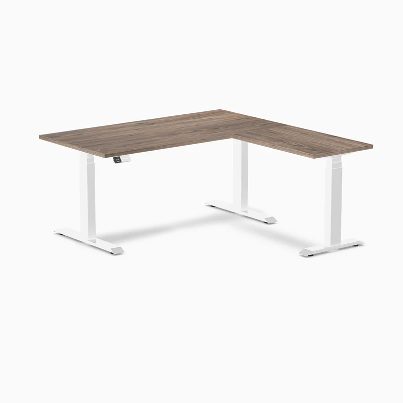 Desky Eco L-Shape Melamine Sit Stand Desk 150 x 155 cm Natural Walnut Top and White Leg