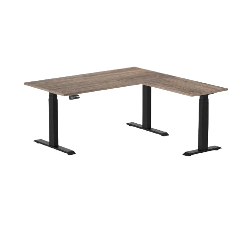 Desky Eco L-Shape Melamine Sit Stand Desk 150 x 155 cm Natural Walnut Top and Matte Black Leg