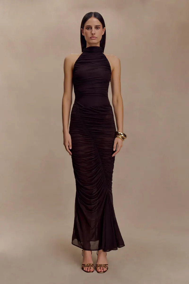 Matilda Ruched Mesh Maxi Skirt - Chocolate