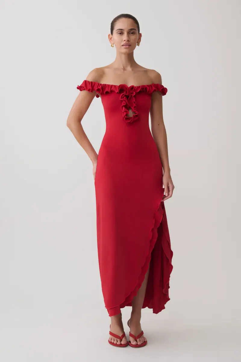 Allegra Off Shoulder Ruffle Midi Dress - Ruby