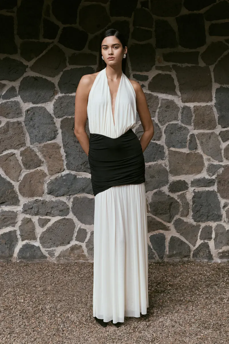 Hailee Slinky And Mesh Halter Maxi Dress - Black/White