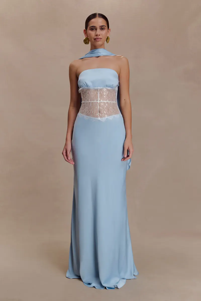 Pilar Strapless Satin And Lace Maxi Dress - Cornflower Blue