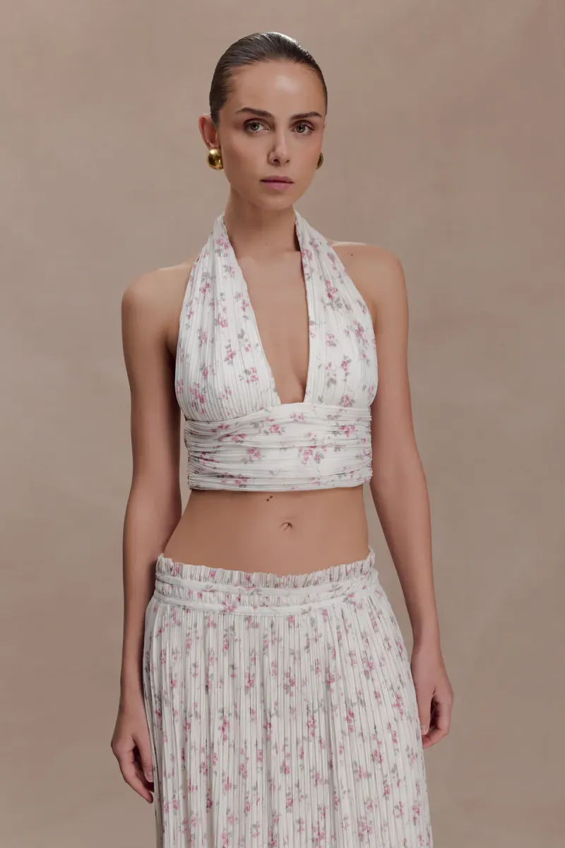 Amaris Sleeveless Plisse Halter Top - Floral Ditsy Print
