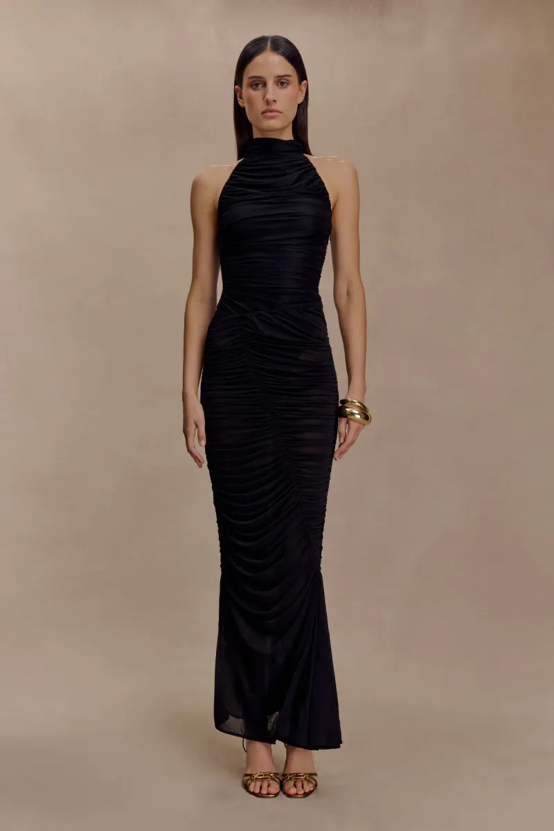 Matilda Ruched Mesh Maxi Skirt - Black