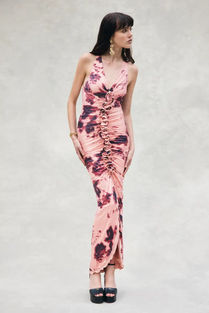 Alessandra Slinky Ruffle Maxi Dress - Pink Blurred Floral Print