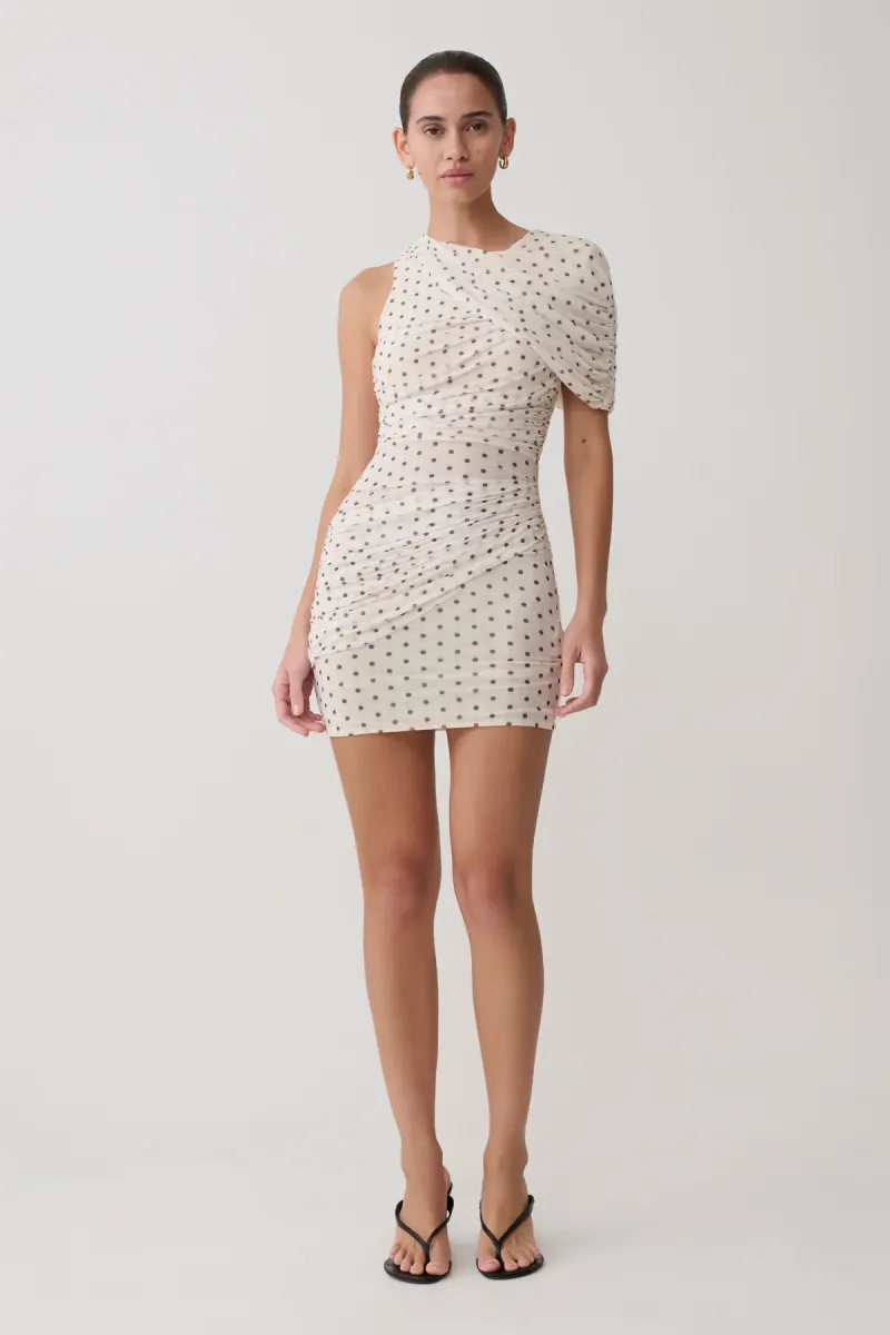 Adrienne One Shoulder Mesh Mini Dress - Polka Dot