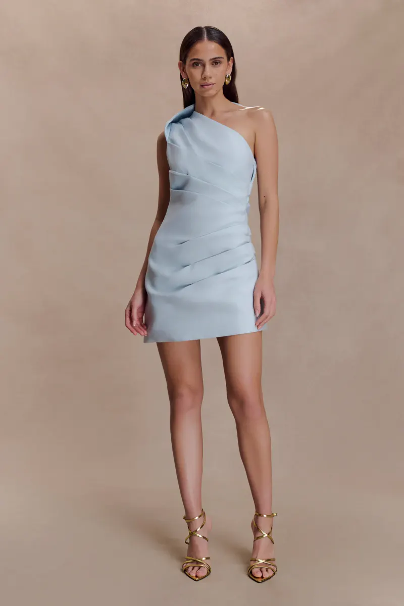 Helena One Shoulder Linen Mini Dress - Powder Blue