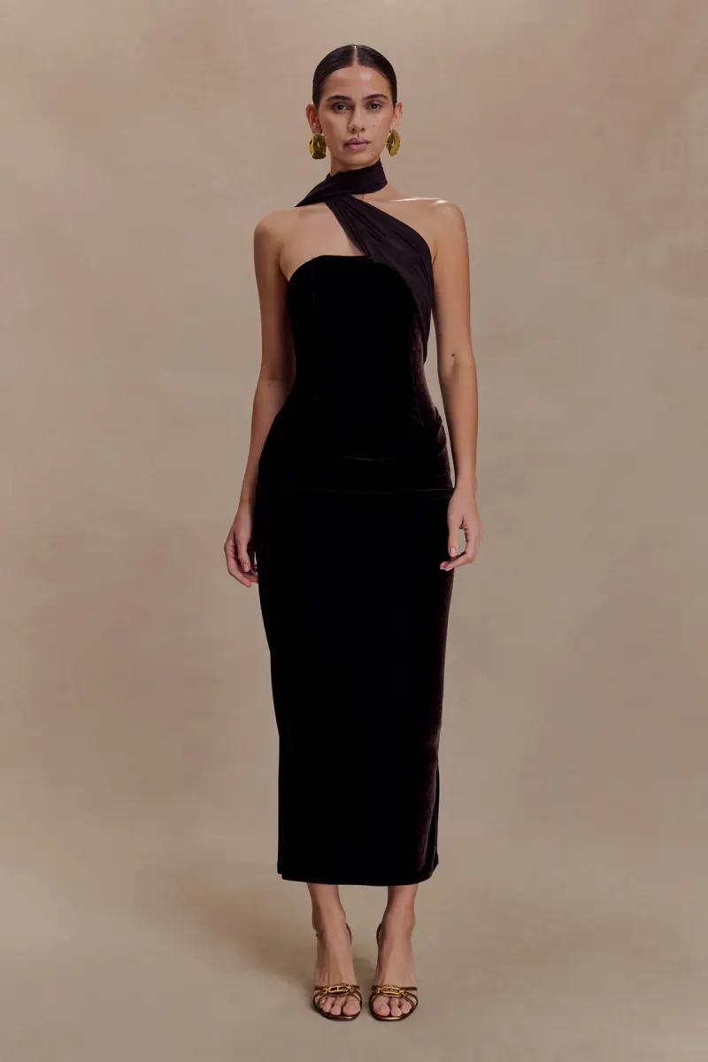 Mattea Velvet Midi Dress With Scarf - Chocolate