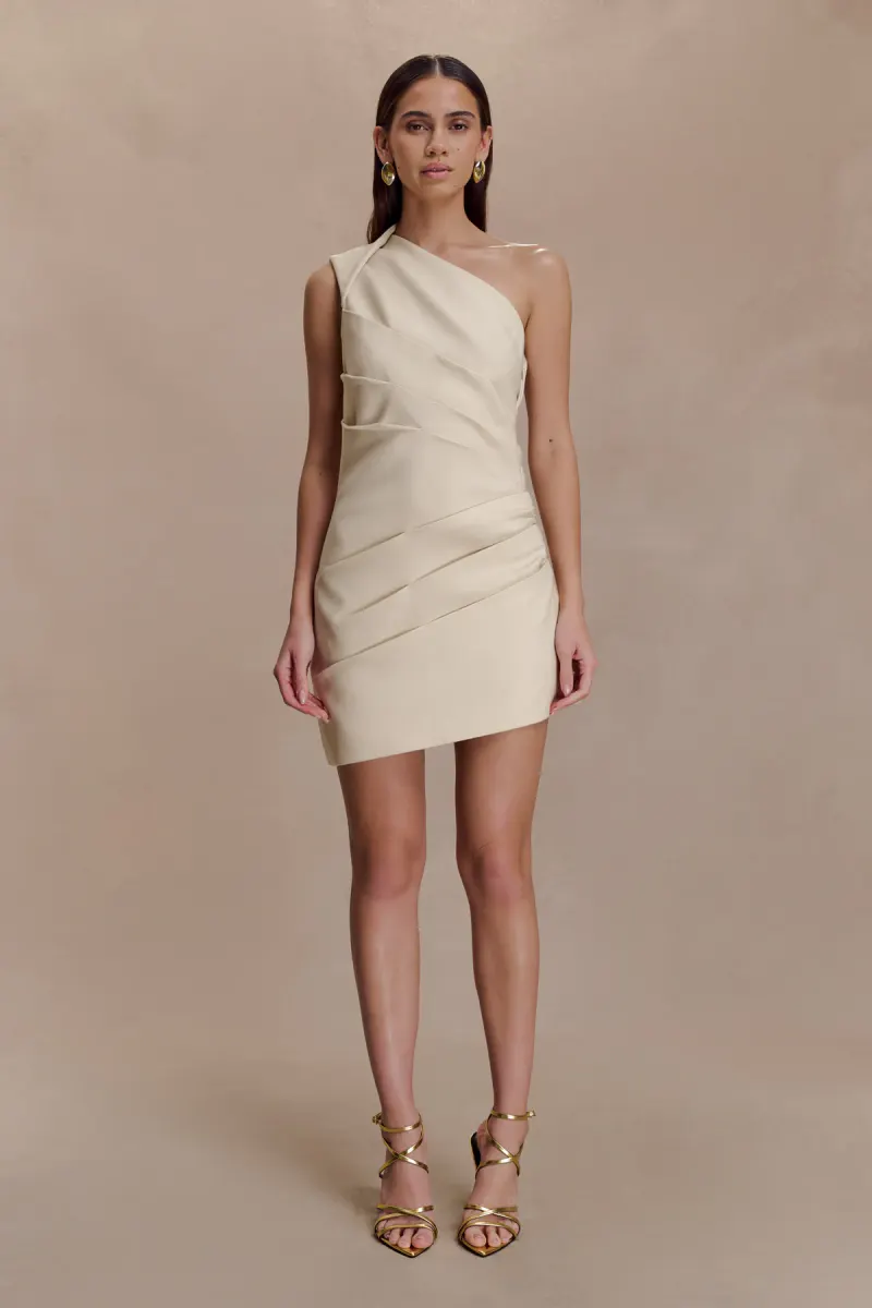 Helena One Shoulder Linen Mini Dress - Natural Beige