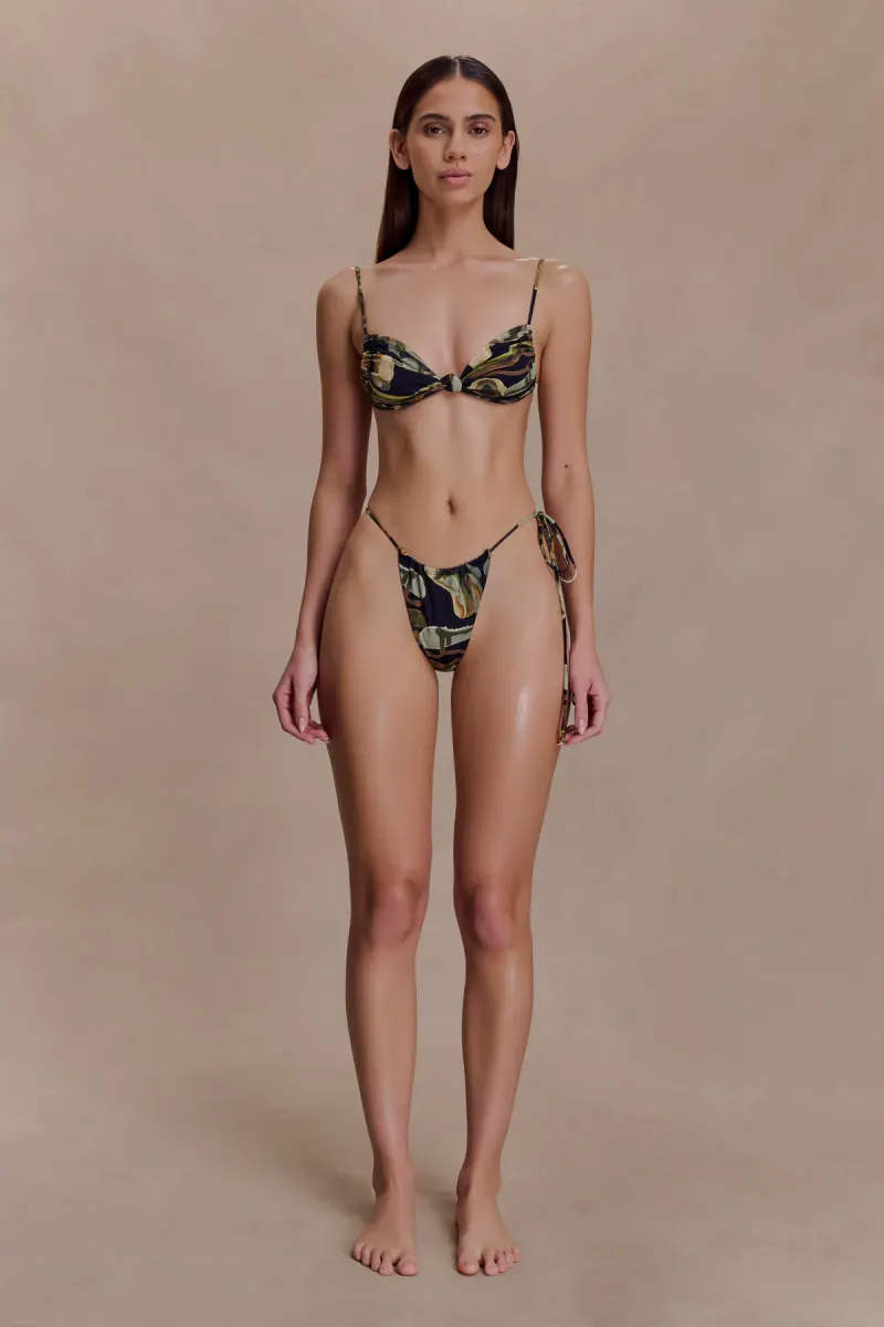 Andie Ruched String Side Bikini Brief - Green Fluid Reverie Print