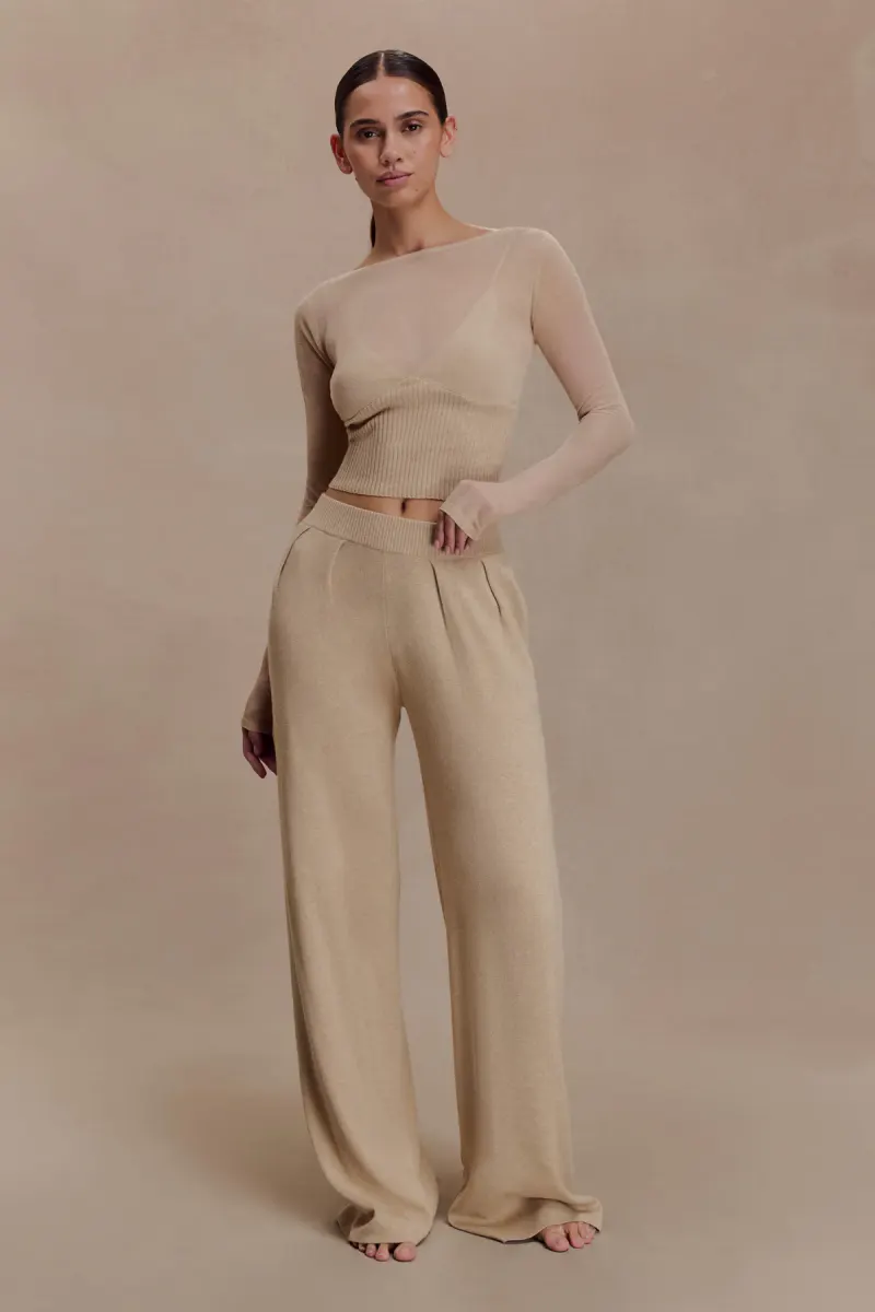 Frannie Gathered Silk Blend Knit Pants - Sand