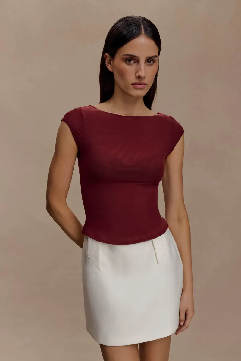Romana Short Sleeve Mesh Top - Burgundy