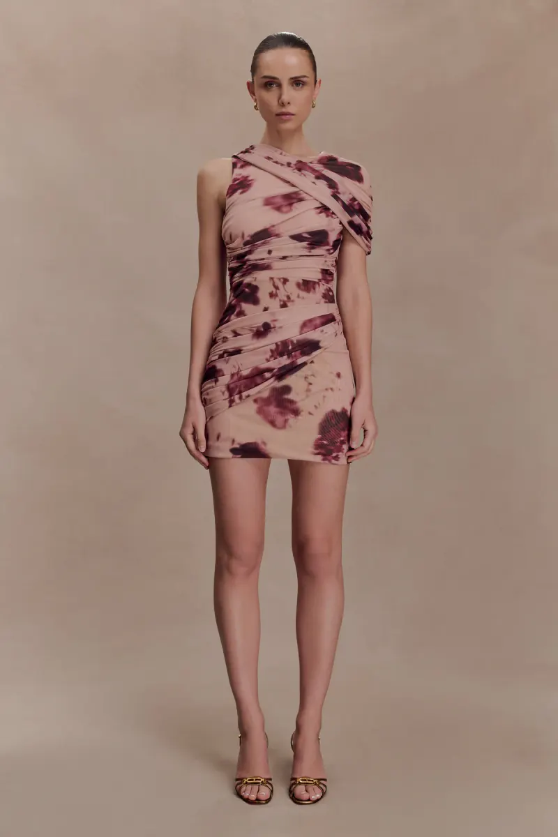 Adrienne One Shoulder Mesh Mini Dress - Nude Blurred Floral Print
