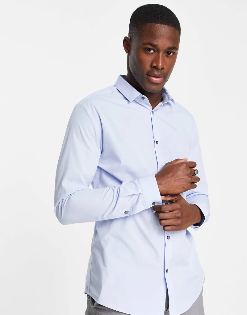 River Island Long Sleeve Smart Poplin Shirt In Blue