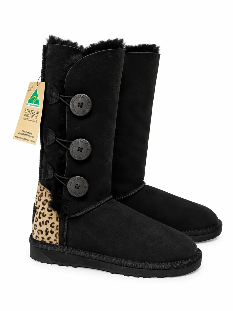 Australian Leather Ugg Button Cheetah Uggs - Black - AU5