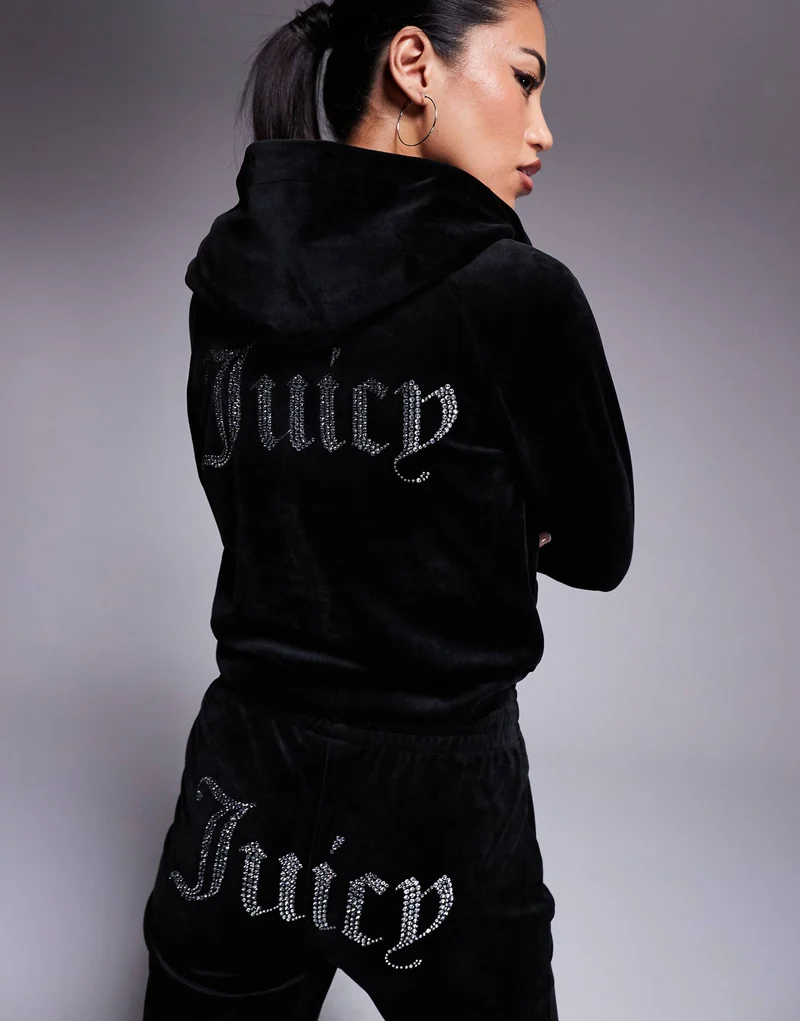 Juicy Couture Velour Zip Through Hoodie Co-Ord In Black
