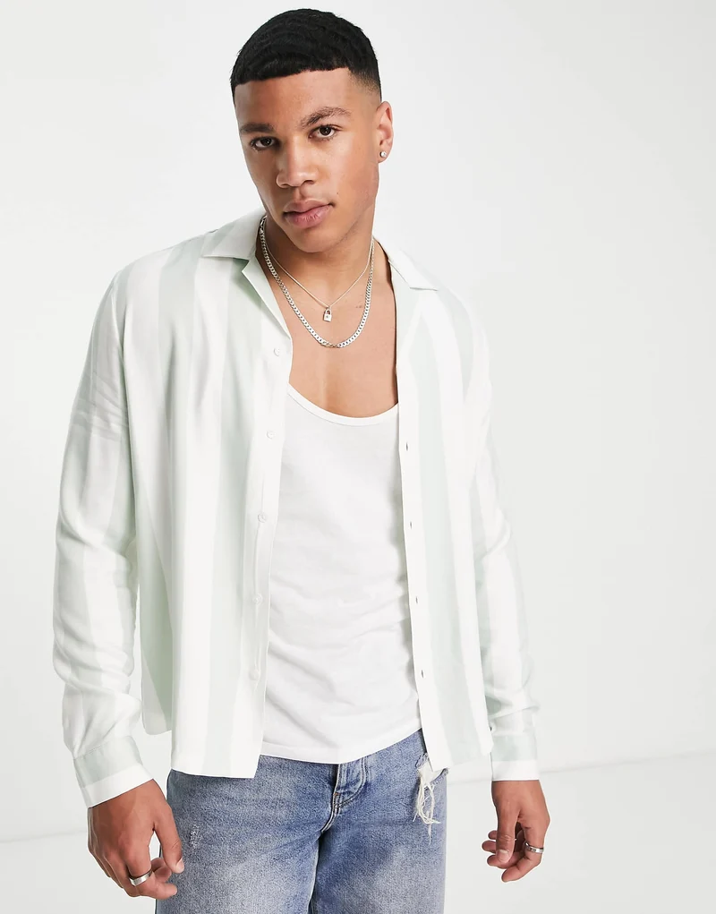 River Island Long Sleeve Slinky Stripe Shirt In Mint