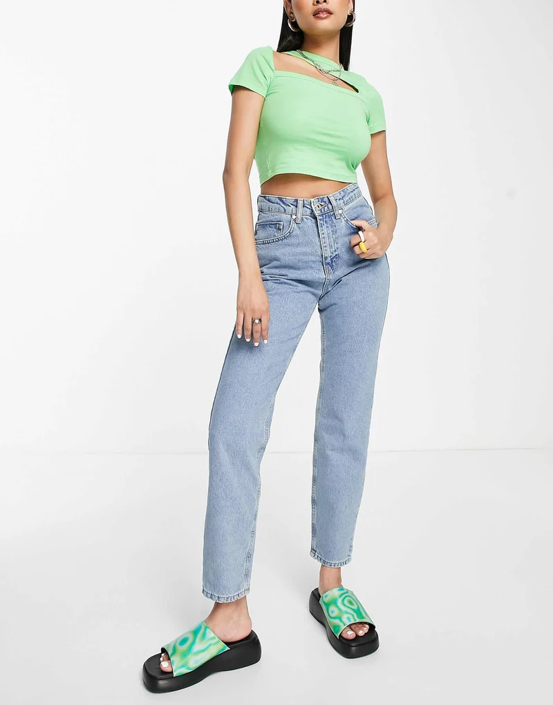 The Ragged Priest High Waisted Mom Jeans With Bum Rip In Mid Blue