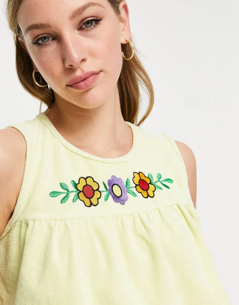Damson Madder Embroidered Mini Towelling Tank Co-Ord In Lime