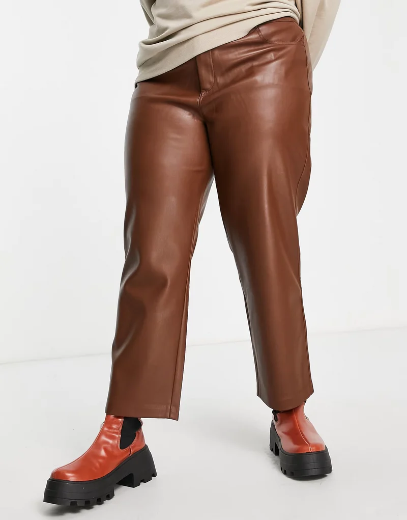 Mango Curve Faux Leather Straight Leg Trousers In Brown
