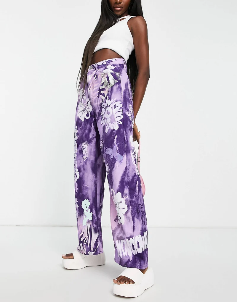 Weekday Straight Leg Trousers In Purple Abstract Flower