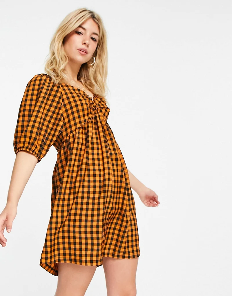 Wednesday'S Girl Mini Smock Dress With Puff Sleeves In Contrast Gingham