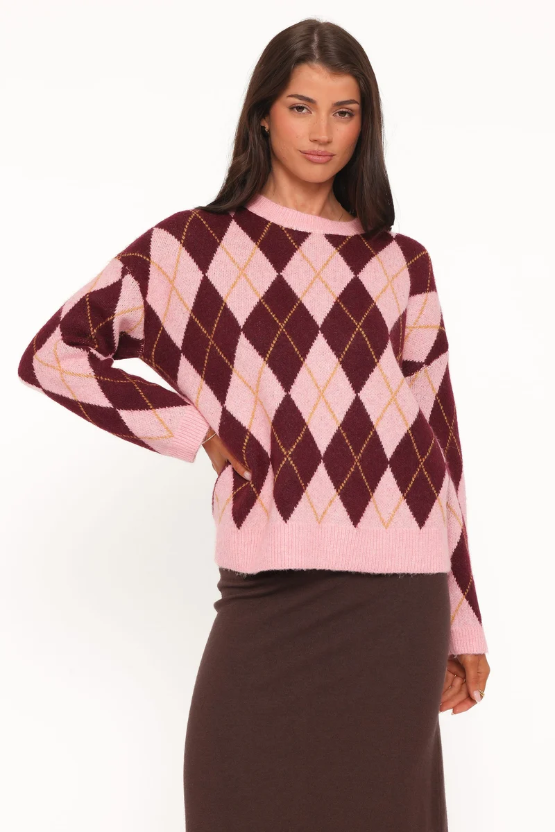 Rowet Intarsia Knit Jumper - Pink Burgundy