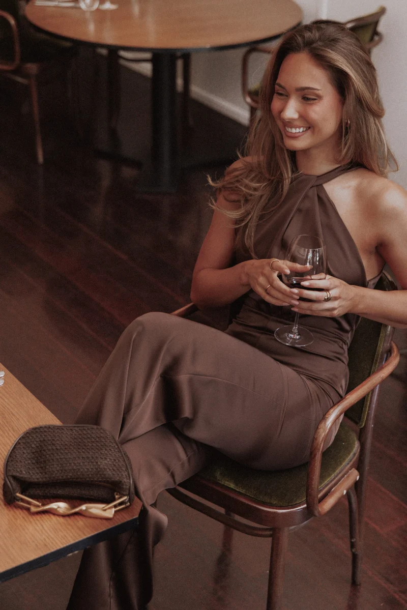 Saskia Halter Neck Satin Jumpsuit - Chocolate Brown