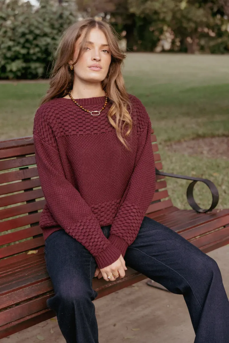 Fiora Waffle Stitch Sweater - Burgundy