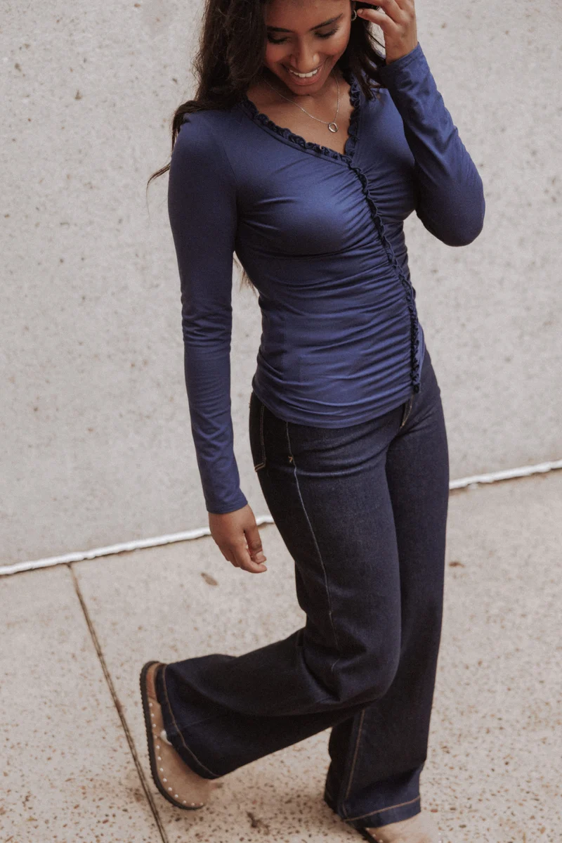 Marta Gathered Knit Top - Navy
