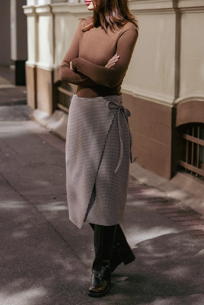 Ariela Wrap Front Midi Skirt - Brown Houndstooth