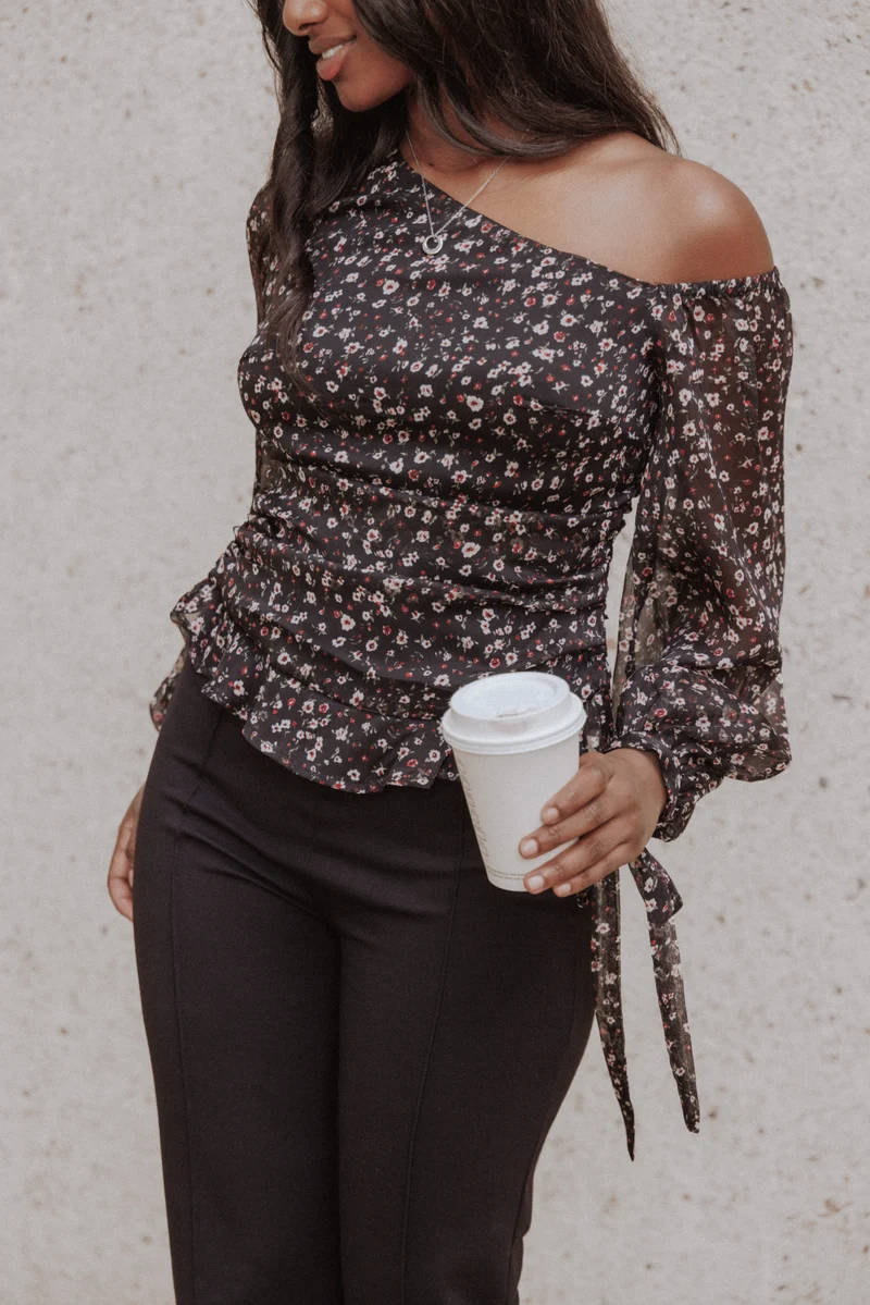Naima Off Shoulder Top - Black Floral
