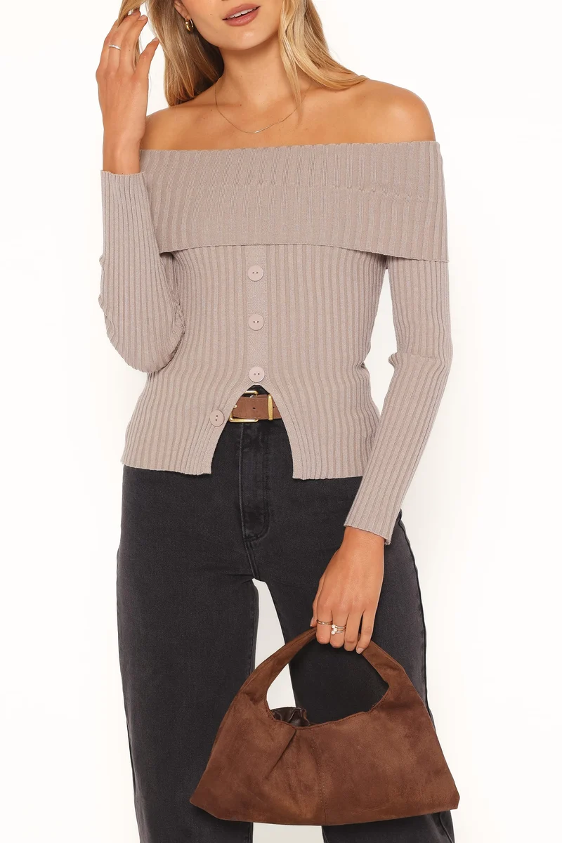 Lulla Ribbed Off Shoulder Top - Taupe