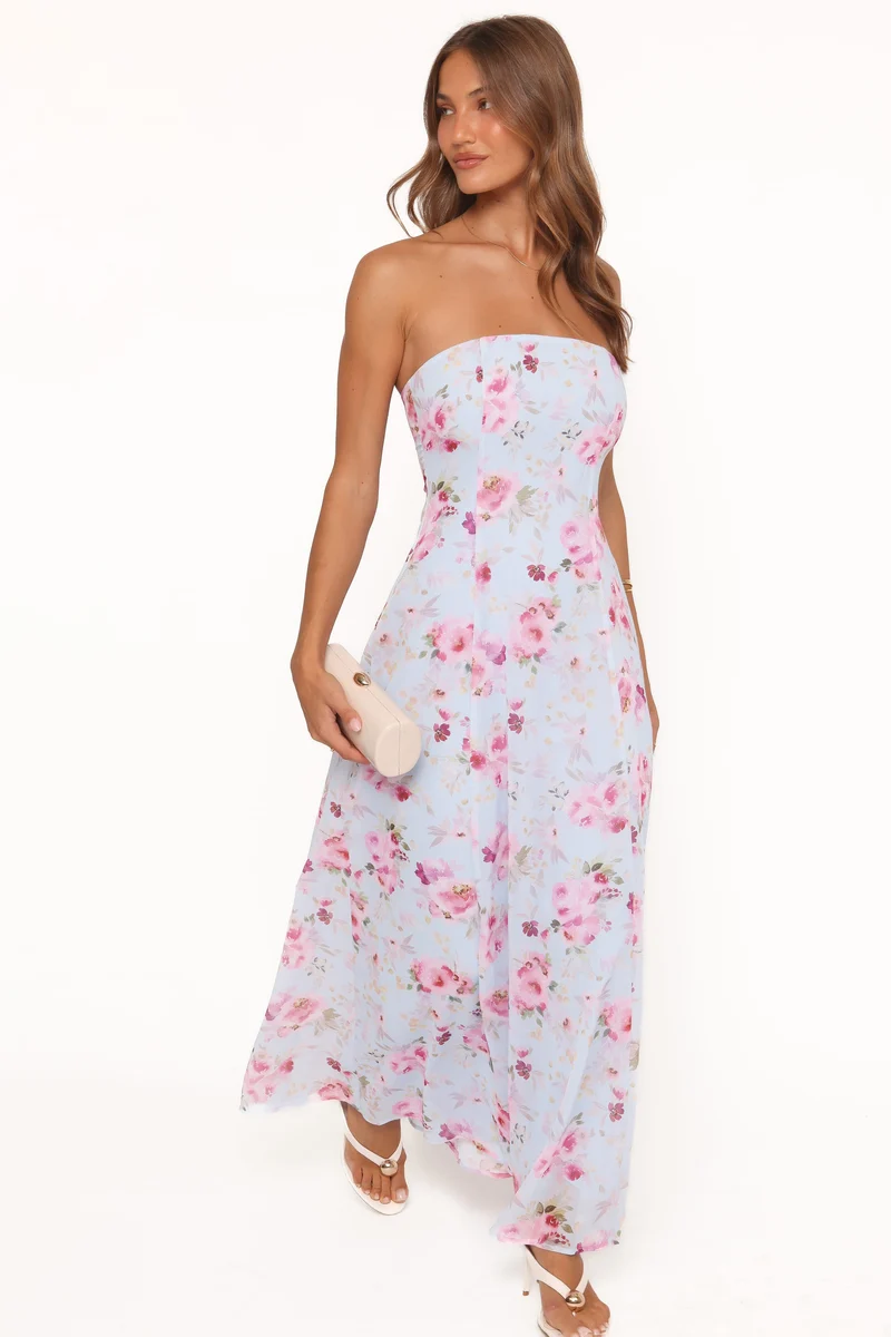 Vegas Strapless Maxi Dress - Blue Floral