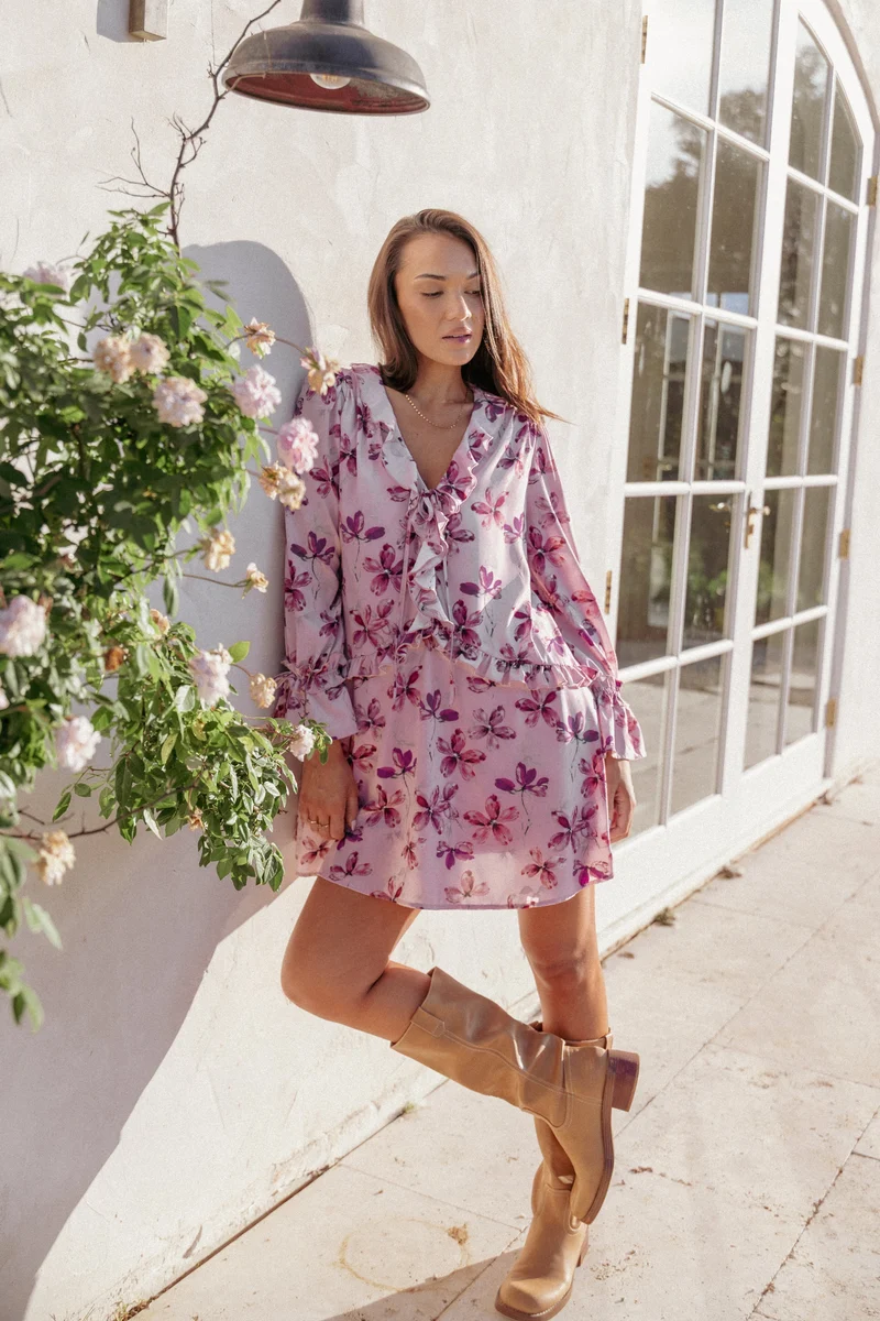 Tarly Frill Mini Dress - Pink Floral
