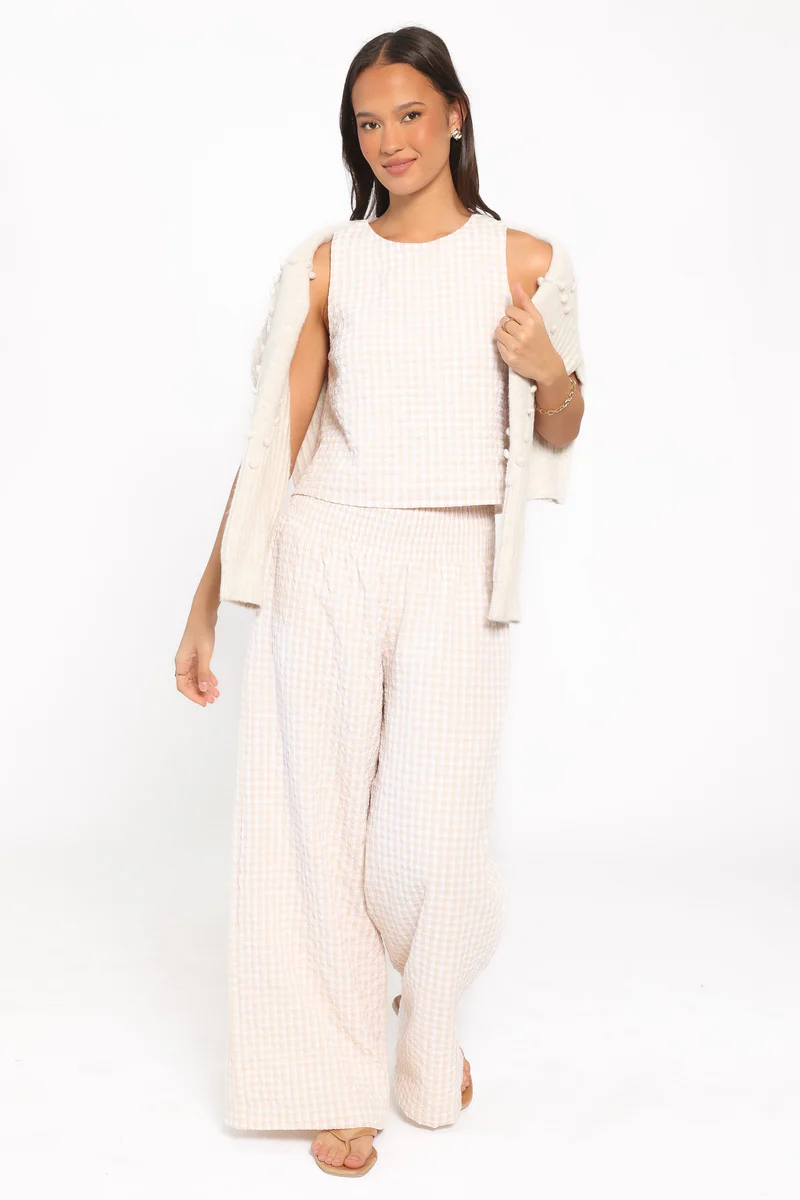 Jillian Smocked Pant Set - Beige Gingham