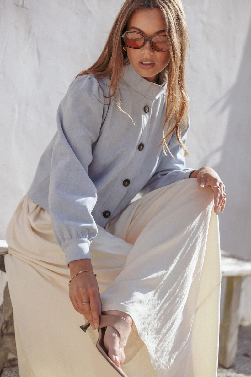 Taleah Puff Sleeve Crop Jacket - Baby Blue Suedette