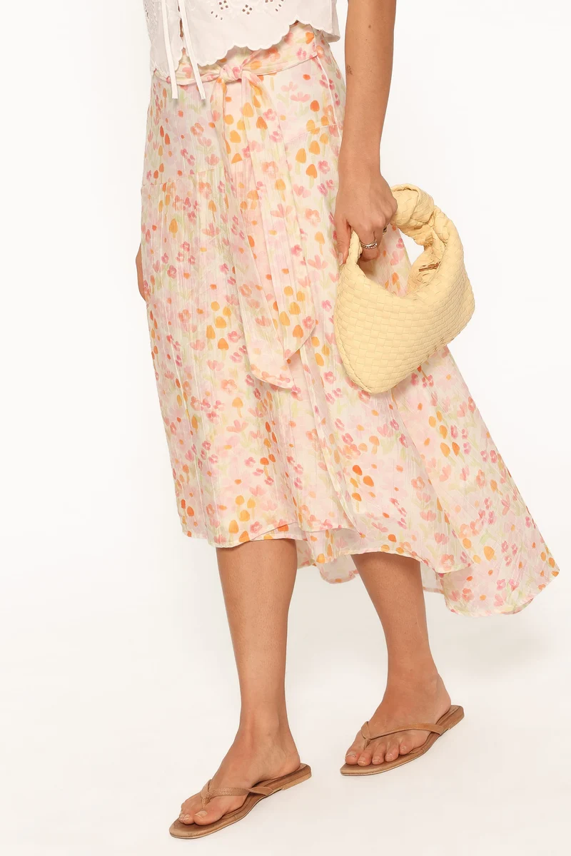 Pollie Tie Front Midi Skirt - Pink Floral