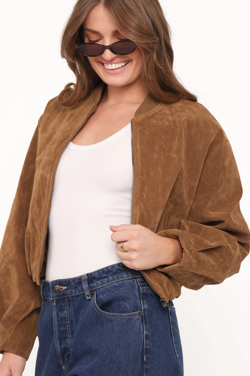 Goldie Faux Suede Bomber Jacket - Camel