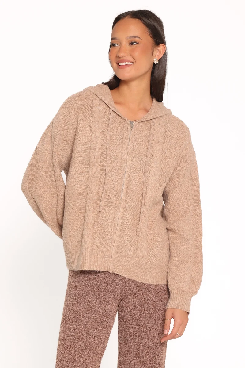 Charlene Cable Knit Zip Hoodie - Taupe
