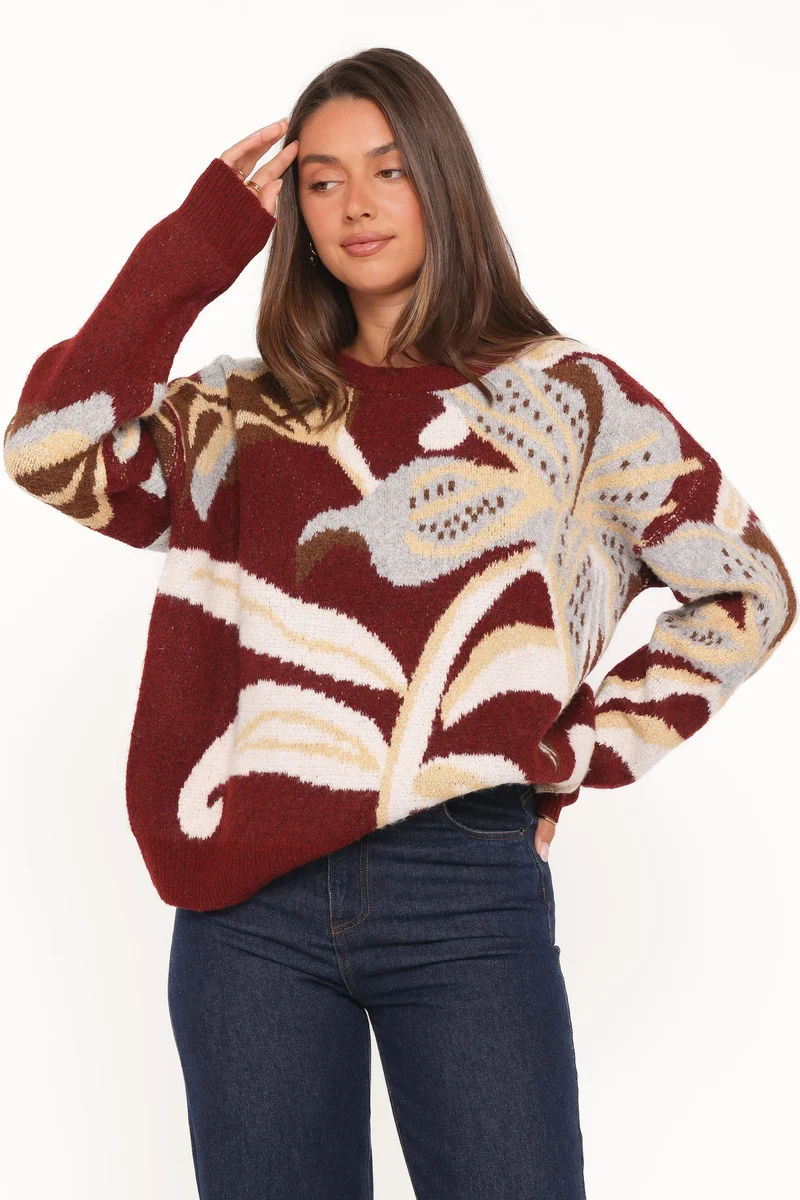 Lirael Botanical Crew Neck Sweater - Burgundy