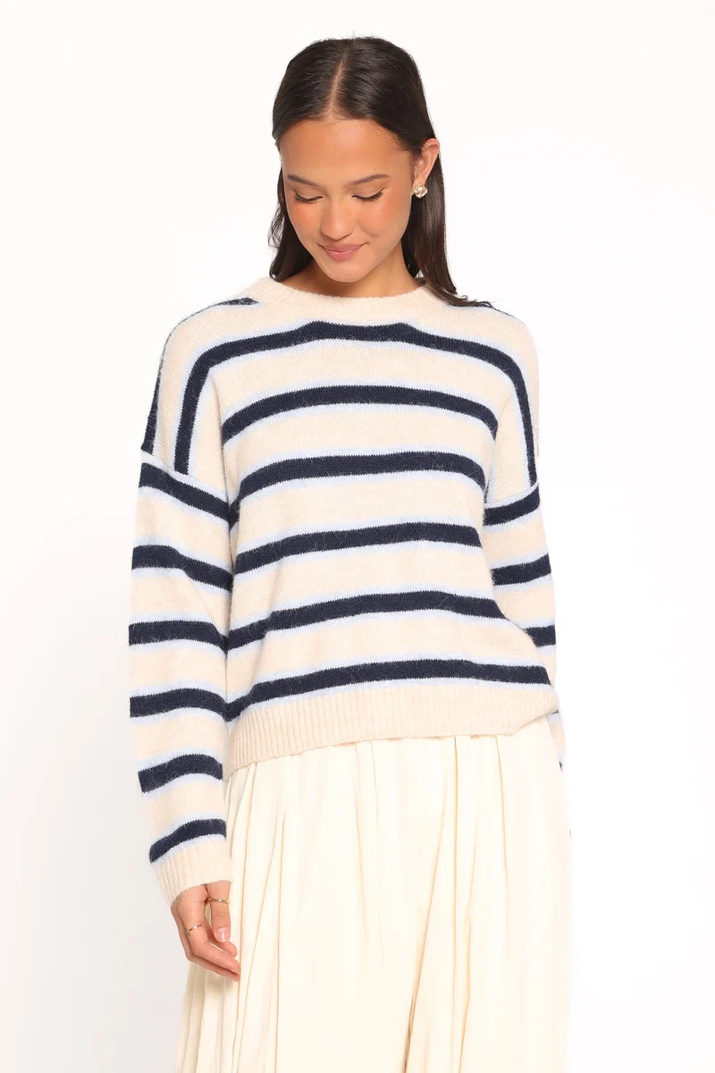 Renae Knit Sweater - White Blue Stripe