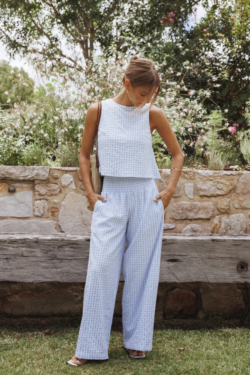 Jillian Smocked Pant Set - Blue Gingham