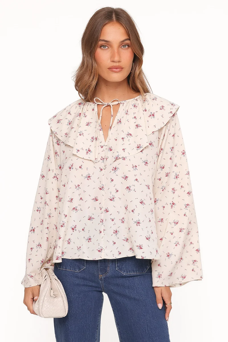 Denise Ruffle Neck Blouse - Ivory Floral